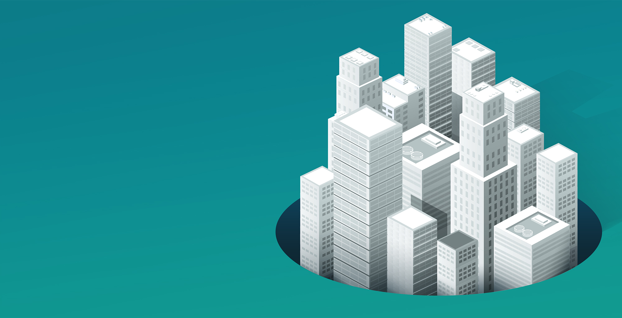 An illustration of a city skyline on a green background.