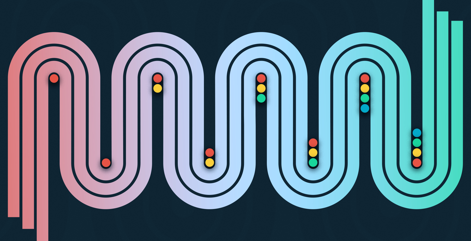 An abstract illustration with a black background and multicolored wavy lines in the foreground. The lines are punctuated by traffic light patterns with red, yellow, and green dots.
