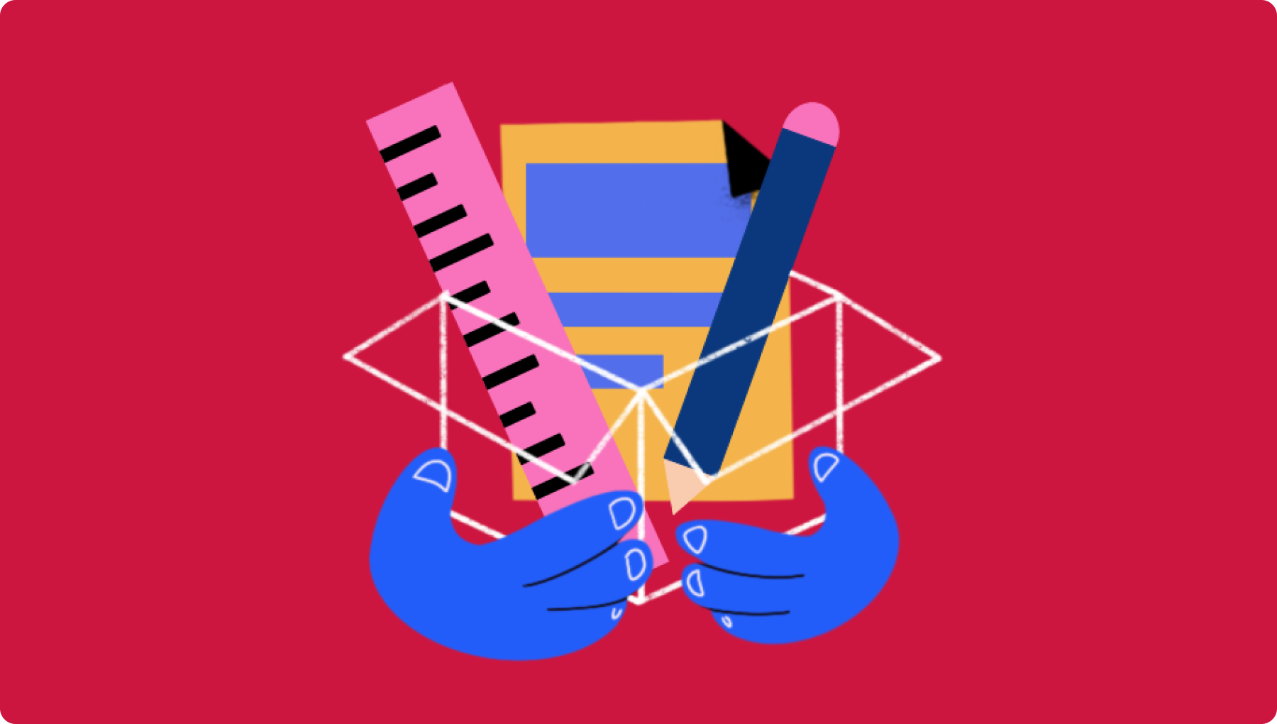 Two blue hands around an outline of a box containing a ruler and a book