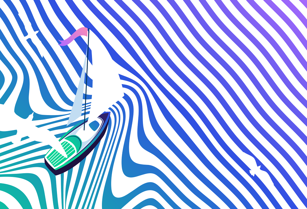 A multicolored illustration of a sailboat moving through waves in the ocean.