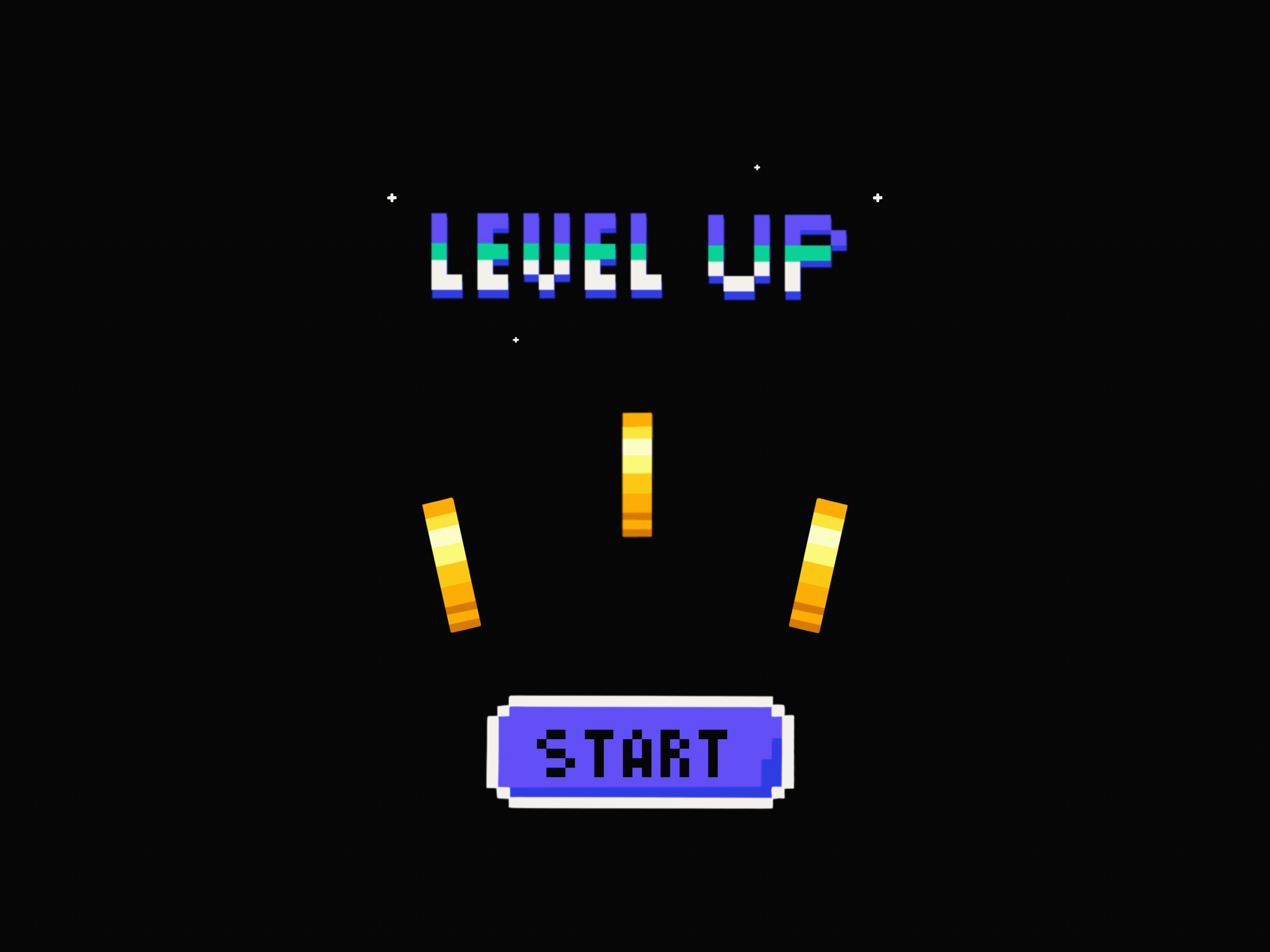 An illustration that mimics the style of 1980s video games. On a black background, the words "Level Up" and three gold coins appear above a start button
