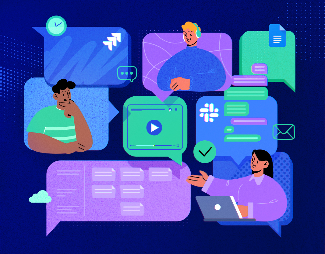 Illustration of coworkers communicating and collaborating using different tools like Slack