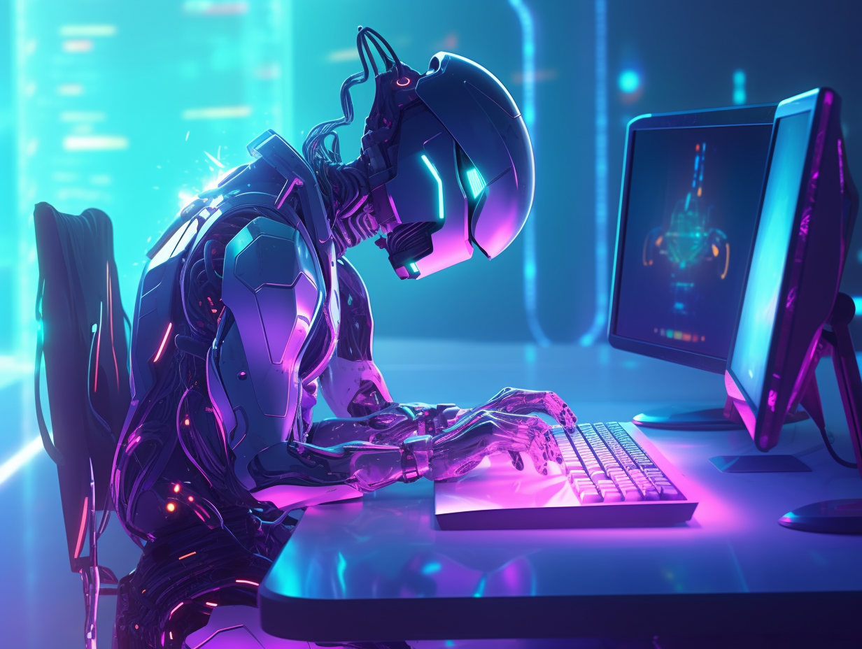 AI-generated image of a robot sitting in front of screens