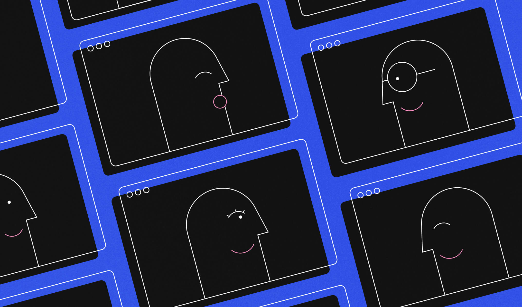 Illustration of a set of rectangles containing drawings meant to mimic headshots on a blue background.